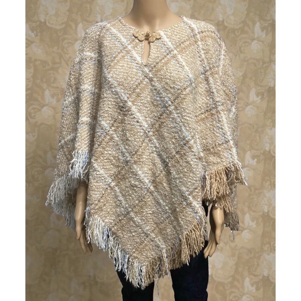 Boyne Valley Weavers tan cream plaid wool and alpaca blend fringe poncho OSFA